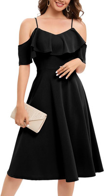 C4D Women Fit and Flare Black Midi/Calf Length Dress