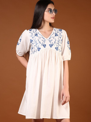 V-MART Women A-line White Above Knee/Mid Thigh Length Dress