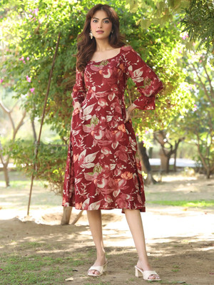 Janasya Women A-line Maroon Midi/Calf Length Dress