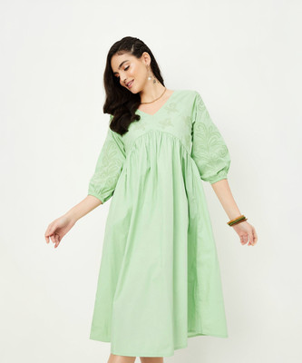 MAX Women A-line Light Green Midi/Calf Length Dress