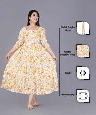 PRADHRUHE Women Fit and Flare Yellow Midi/Calf Length Dress