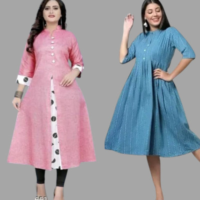 Houseofcommonk Women Printed Anarkali Kurta(Pink, Light Blue)