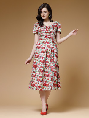 indibelle Women Fit and Flare Multicolor Midi/Calf Length Dress