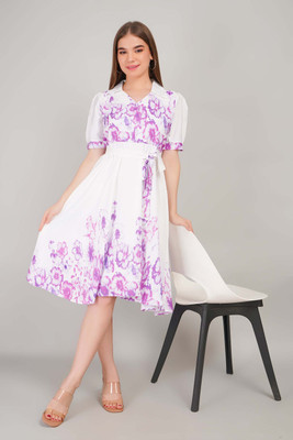 Gul West Women Fit and Flare Purple Knee Length Dress