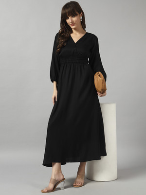 Krunal Raiyani Women Fit and Flare Black Midi/Calf Length Dress