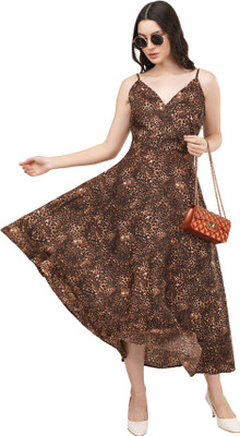 The chandan Women Fit and Flare Black, Brown, White Midi/Calf Length Dress