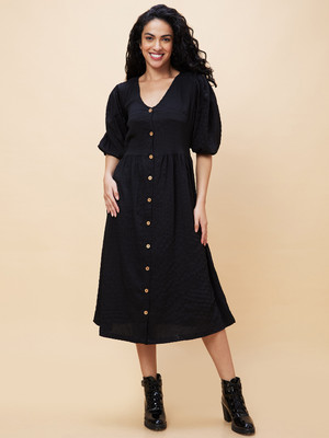 Globus Women Fit and Flare Black Midi/Calf Length Dress