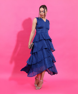Tokyo Talkies Women Layered Dark Blue, Blue Midi/Calf Length Dress