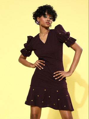 ATHENA Women Fit and Flare Brown Above Knee/Mid Thigh Length Dress