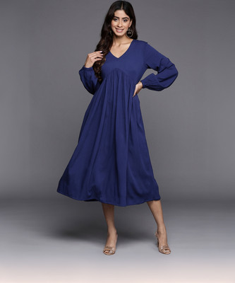 Varanga Women A-line Dark Blue Midi/Calf Length Dress