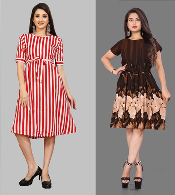 tanvi creation Women Fit and Flare Brown Below Knee Dress