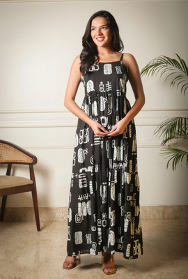 Akaay Stories Women Gathered Black, White Maxi/Full Length Dress