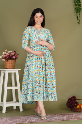 METRONAUT Women Fit and Flare Light Green Midi/Calf Length Dress