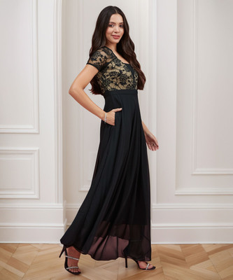 Miss Chase Women Gathered Black Maxi/Full Length Dress