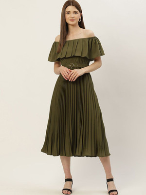 Moda Rapido Women Fit and Flare Green Midi/Calf Length Dress
