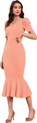 MESGENDA Women Bodycon Pink Below Knee Dress