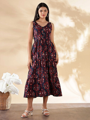 ANOUK Women Fit and Flare Dark Blue Maxi/Full Length Dress