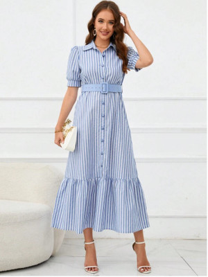 Bellwell Women Fit and Flare Blue Below Knee Dress