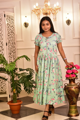 AANAYA S FASHION Women Gathered Light Green Midi/Calf Length Dress