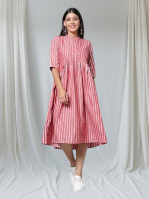 Rangrasiya Creation Women Fit and Flare Pink, White Ankle Length Dress