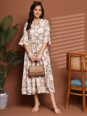 Claura Women A-line Beige Midi/Calf Length Dress