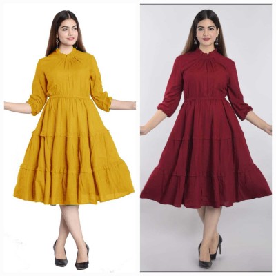 NG CREATION Women Fit and Flare Maroon, Yellow Dress