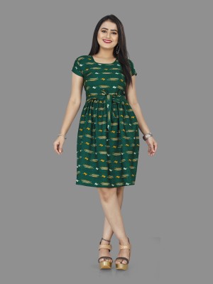 Rudra Fab Women A-line Green, Yellow, White Dress