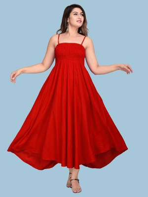 VYMO Women Fit and Flare Red Maxi/Full Length Dress