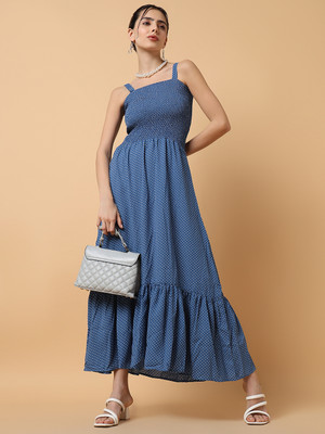SHOWOFFFF Women Fit and Flare Blue Midi/Calf Length Dress