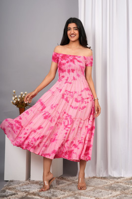 IQRAAR Women Fit and Flare Pink Below Knee Dress