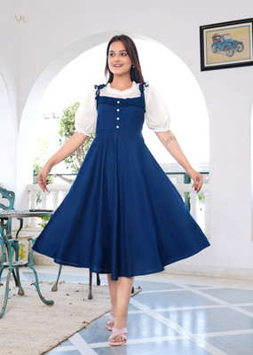 TANISHQGARMENTS Women Fit and Flare Blue Midi/Calf Length Dress