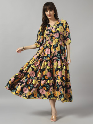 Jash Creation Women Fit and Flare Yellow Maxi/Full Length Dress