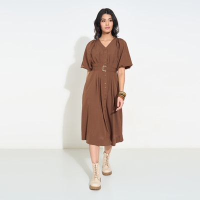 PEOPLE Women A-line Brown Maxi/Full Length Dress