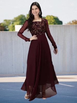 The Leady Designer Women Fit and Flare Maroon Maxi/Full Length Dress