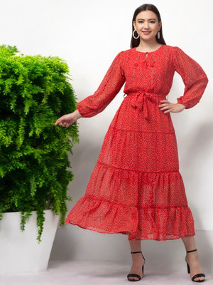 My Swag Women Fit and Flare Red Midi/Calf Length Dress