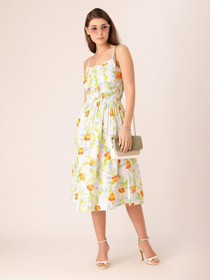 Dressberry Women Fit and Flare White, Orange Midi/Calf Length Dress