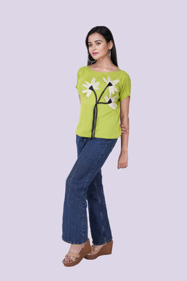 Mimoo Fashionz Casual Embroidered, Floral Print Women Green Top