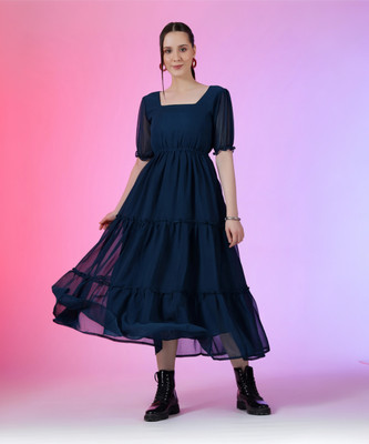 Jash Creation Women Fit and Flare Blue Midi/Calf Length Dress