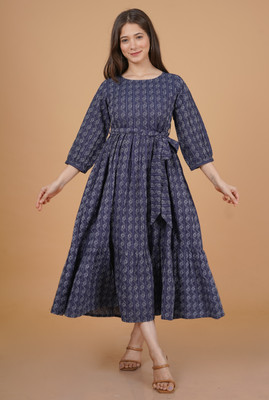 INDIANIC Women Printed A-line Kurta(Dark Blue)