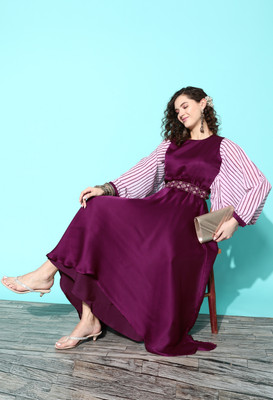 kvsfab Women Fit and Flare Purple, White Midi/Calf Length Dress