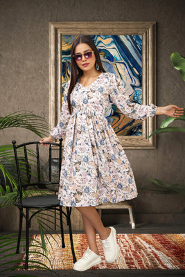 HOC's Women Fit and Flare White, Light Blue, Beige Knee Length Dress