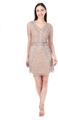 FAM INDIA Women Fit and Flare Beige Mini/Short Dress
