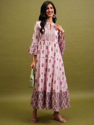 Vishudh Women Fit and Flare Pink, Dark Green, Red Maxi/Full Length Dress