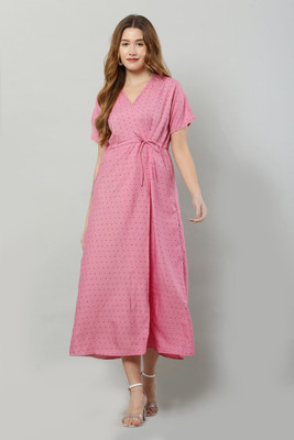 A R J FASHION Women Fit and Flare Pink Midi/Calf Length Dress