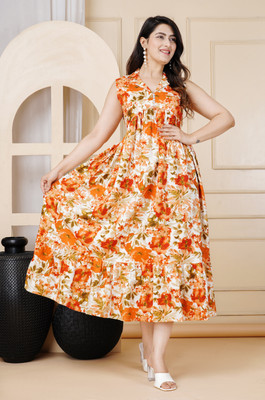 MintMarie Women Printed Flared Kurta(Orange)
