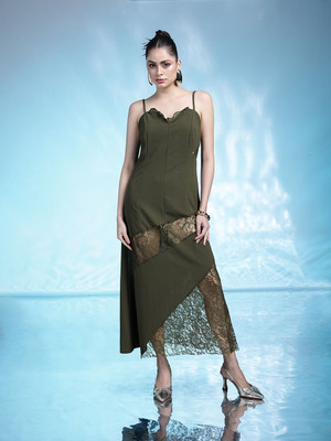 bebe Women A-line Green Midi/Calf Length Dress