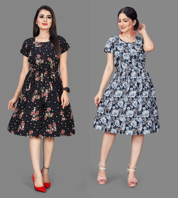 Madhave Women Fit and Flare Black Below Knee Dress