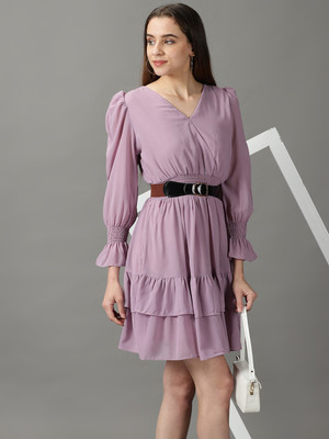 SHOWOFFFF Women Fit and Flare Purple Above Knee/Mid Thigh Length Dress
