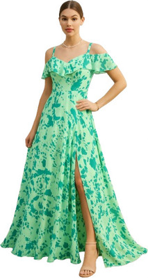 Sylora Women Fit and Flare Light Green Maxi/Full Length Dress