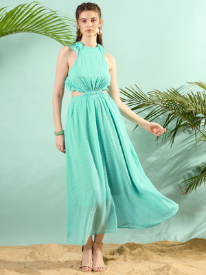 KASSUALLY Women Fit and Flare Blue Maxi/Full Length Dress